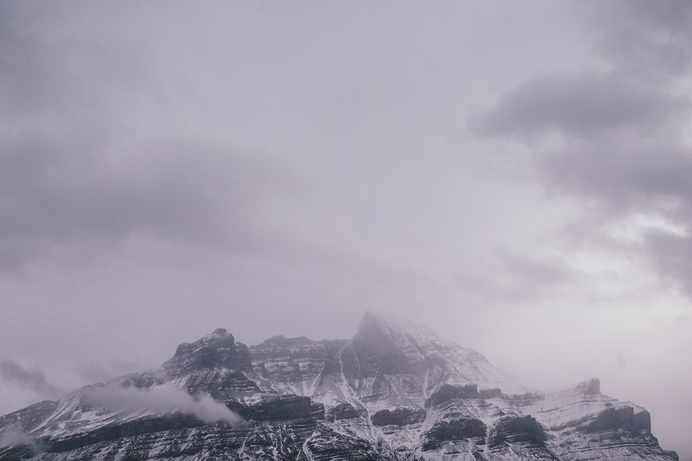 Rocky mountains in fog Jasper Alberta
