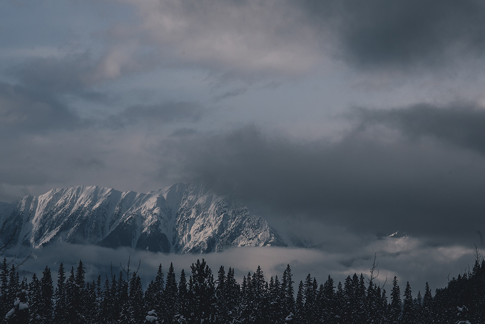 Rocky mountains in fog Jasper Alberta