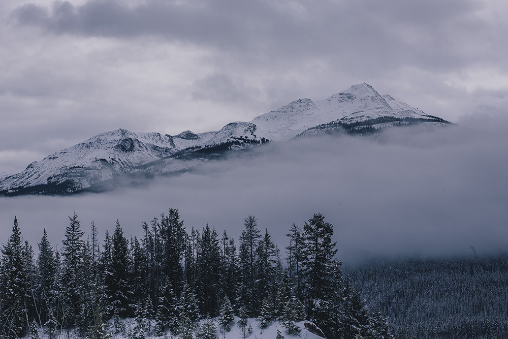 Rocky mountains in fog Jasper Alberta