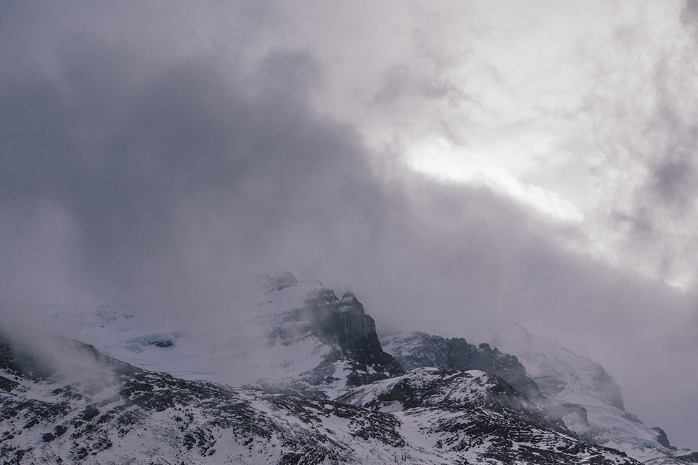 Rocky mountains in fog Jasper Alberta