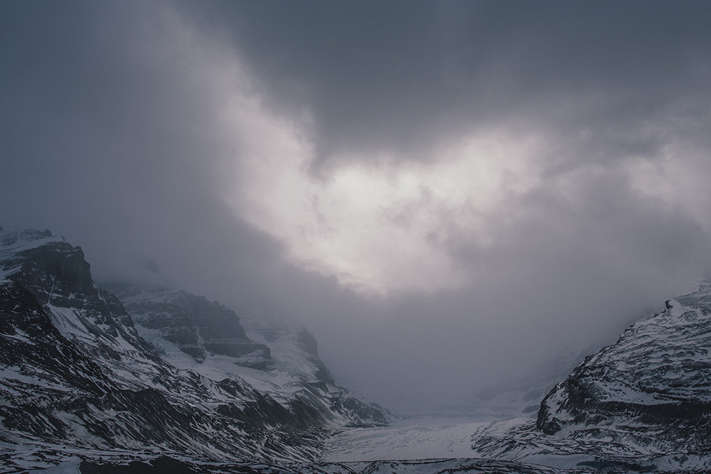 Rocky mountains in fog Jasper Alberta